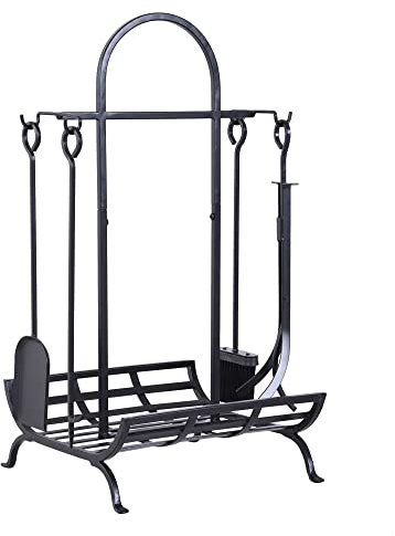Outsunny Vedhållare - Vedställ Inomhus för Eldstäder - Flera Tillbehör Dim. 45 L x 40 l x 78 H cm Metall Svart
