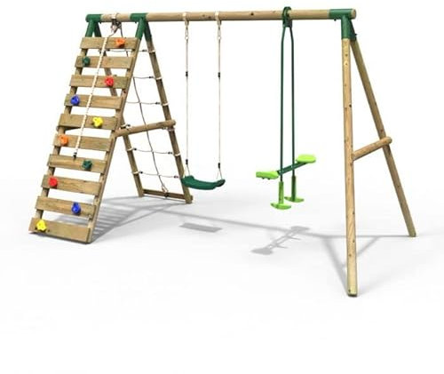 Rebo® Wooden Swing Set with Up and Over Climbing Wall - Isla Green | OutdoorToys | Kids' Outdoor Wooden Play Equipment for Gardens, Frame and Accessories Included, Weather Resistant