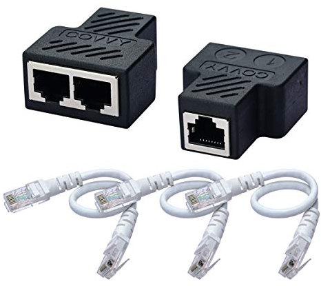 COVVY Adattatore splitter di rete RJ45 da 1 femmina a 2 prese femmina, Cat 5/Cat 6 Lan Ethernet, cavo adattatore splitter a doppia presa (2 pezzi + 3 cavi)