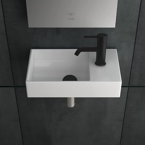 Alpenberger Badezimmer Waschbecken Klein 45 x 26 cm | Keramik Waschtisch Eckig | Wandwaschbecken - Einbauwaschbecken | Hängewaschbecken Gäste WC Klein | Handwaschbecken mit Hahnloch