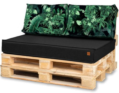 Bielik Palettenkissen 120 x 80 Set für Palettenmöbel | Wasserdicht Europaletten Sitzkissen Made in EU | Palettensofa komplett besteht aus 3 Teilen in Farbe: Dunkelgrau (Schwarz + Grün Blätter)