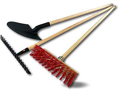 Ensemble rateau + Pelle maçon + Balai cantonnier PVC 32 cm | Manches Bois | Ratisser Nettoyer Charger déplacer | Sable graviers Terre | Jardinage Maçonnerie TP | Kibros RTPL32KIT