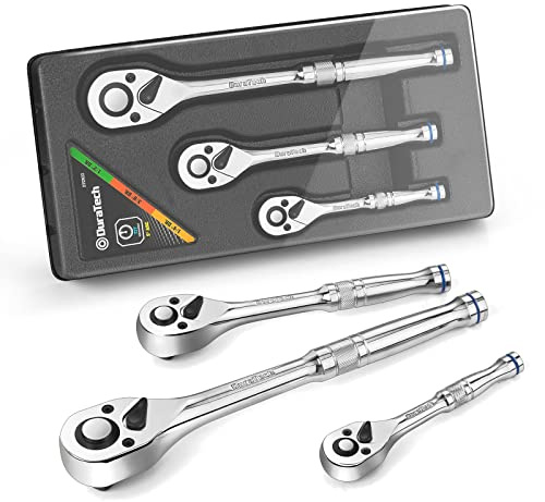 DURATECH 3-Piece Ratchet Set, 1/4, 3/8, 1/2, 72-Tooth with Quick-Release Reversible Design, Chrome Alloy Made, Fully Polished, Organized in Storage Case