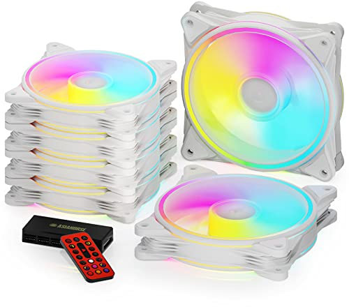 AsiaHorse PC 120MM RGB Lüfter, ARGB Gehäuselüfter mit Hub-Steuerung, 4 Rangen CPU Gehäuse Lüfter mit 24 Adressierbare LED, Computer Cooler Fan für Mainboard Aura Sync, 1500RPM, Weiß, 6PACK
