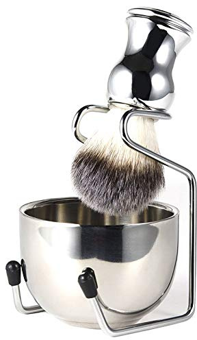 Nicfaky Set de rasage bol de savon + brosse à raser + support pour support, acier inoxydable + kit de pinceaux en nylon kit de pinceaux à raser dans le pur