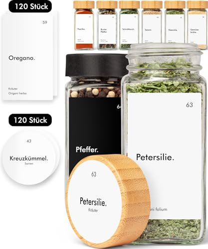 KIVY Gewürzetiketten Selbstklebend & Wasserfest [200 Stück] - Rund + Rechteckig - Gewürzaufkleber Etiketten Gewürzgläser - Gewürzetiketten rund deutsch - Aufkleber Küche - Gewürz Etiketten (Weiß)