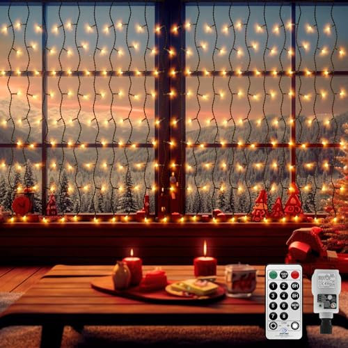 CERIAL Cortina Luces Navidad Exterior,6 m x 1 m 300 LEDs para interiores y exteriores, luces de carámbano enchufables, cortina de fondo colgante, luces de pared de cascada con control remoto, cable
