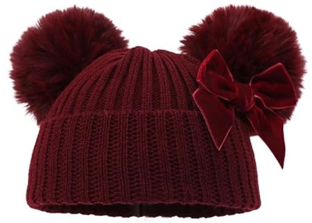 Deluxe Ribbed Design Hat with Pom Poms & Bow - 7 Colours/NB - 12 Months
