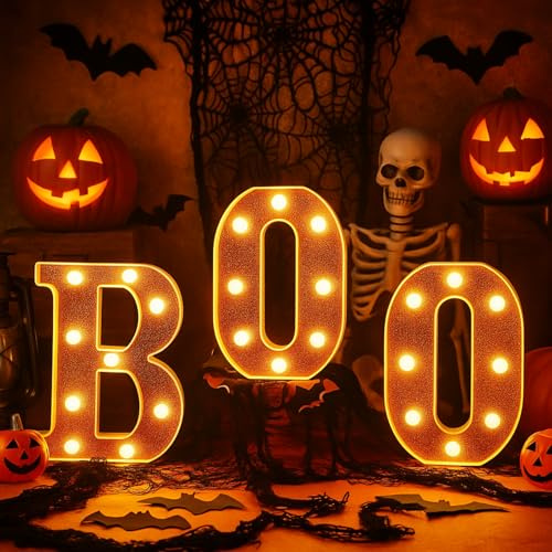 Baquler 3 Pcs Halloween Decorations Light up Boo Sign Marquee LED Letters Halloween Lights Decor for Outdoor Home Room Kitchen Fireplace Tabletop Party Supplies (Orange, Plastic)