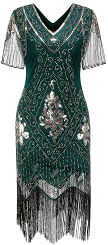 Gionforsy Damen 1920s Kleid mit Pailletten Kurzem Ärmel | V Hals, 20er Jahre Flapper Kostüm Kleid für Great Gatsby Motto Party Halloween Karneval Fasching