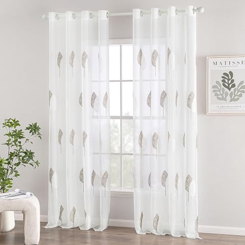 MIULEE Tende per Interni con Ricami a Foglie Bianche e Naturale 140x260 cm | 2 Pezzi Voile Tenda Finestra Interno Salotto, Moderne Tenda Trasparente Fantasia Tende Camera da Letto Soggiorno Occhielli