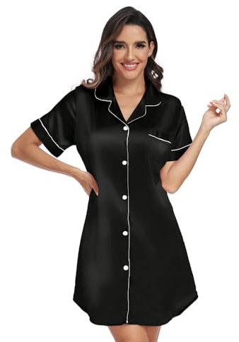 North Bund Camisón Mujer Manga Corta Ropa De Dormir Sexy Cuello En V Casual Camisones Pijama Vestido Verano para Lactancia Premamá Maternidad Negro L