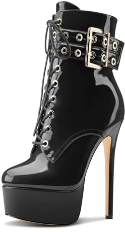 Aachcol Womens Stiletto High Heel Platform Ankle Boots Round Toe Lace-up Zipper Mid Calf Buckle Patent Leather Dress Booties Black 7 M US
