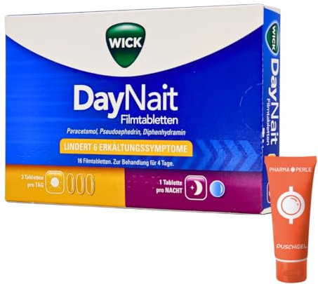 Wick DayNait Erkältungsmittel gegen Fieber, Kopfschmerzen, verstopfte Nase, laufende Nase, Gliederschmerzen I Sparset mit give-away von Pharma Perle (1 x 16 St.)