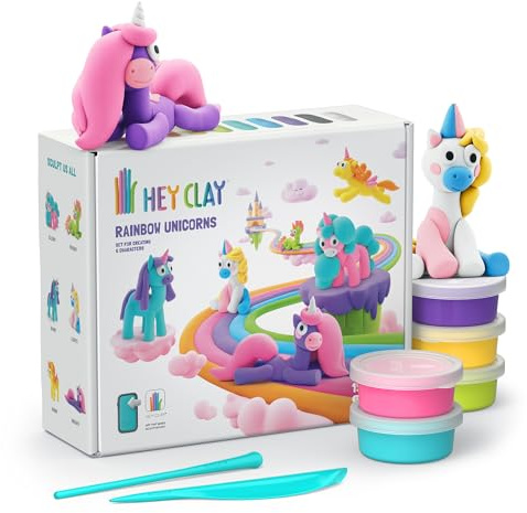 Hey Clay Regenbogen-Einhörner 15 Dosen Set - Buntes Modellier-Set für Kinder mit lufttrocknender Knete 15 Dosen mit Modellierwerkzeugen und lustigen interaktiven Anleitungen