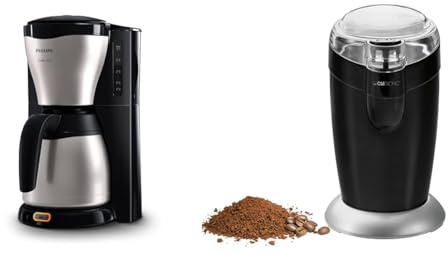 Philips Filterkaffeemaschine – 1.2-Liter-Thermoskanne & Clatronic® elektrische Kaffeemühle, Kaffeemühle mit Edelstahlschlagmesser, Fassungsvermögen 40 g, 120-Watt Motor, schwarz-edelstahl, KSW 3306