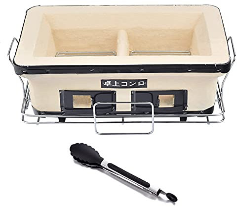 Japanese Yakatori BBQ Charcoal Grill Rectangle Ceramic Clay Grill Cooker Tabletop Hibachi Stove with Grate, Stand and Food for Indoor Outdoor - Beige