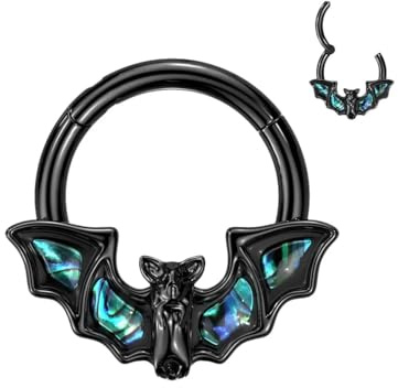 GBJUK Schwarzes PVD-beschichtetes Septum-Piercing mit Clicker-Ring für Ohrknorpel, Segmentreifen mit Abalone-Muschel, geflügelter Fledermaus, Chirurgenstahl, 1,2 mm x 8 mm, 1.2mm (16 gauge) x 8mm