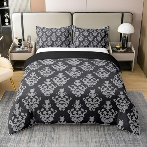 100% Bio-Baumwolle Schwarz Grau Floral Bett Set 200x200 Viktorianische Barock Damast Bettwäsche Set Western Abstract Ästhetik Bettbezug Retro Vintage Europäische Tröster Bezug,2 Kissenbezüge