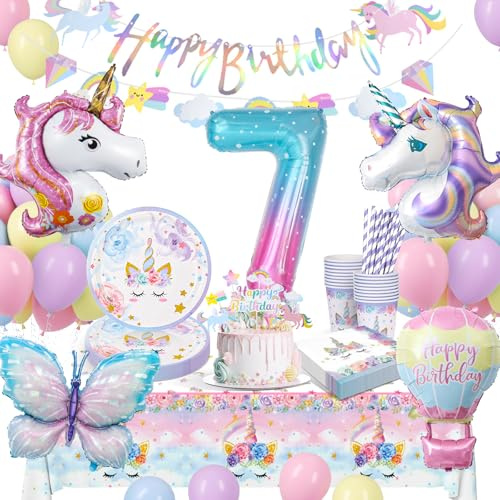 Enhörning festservis set, enhörning födelsedagsdekoration 7 år flicka, födelsedagsfest porslin, papperstallrik barnfödelsedag med ballonger för 7. Födelsedag flicka dekoration