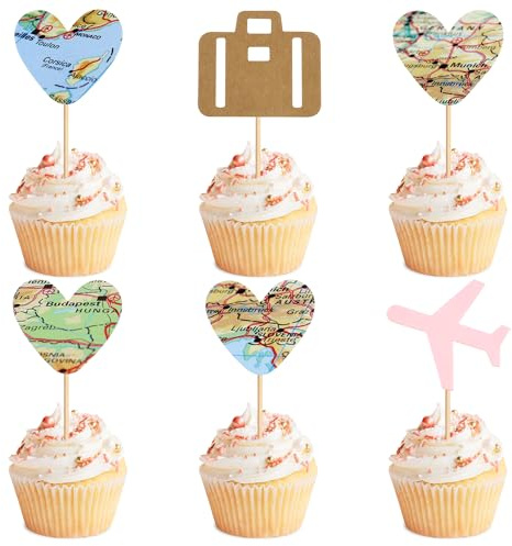 Blumomon 24pcs Travel Airplane Cupcake Decoration, Pink Airplane Heart-Shaped Card Luggage Cupcake Selection, Travel Themed Baby Shower, Birthday Party Cake Decoration