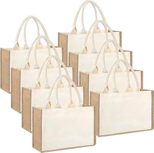 TESIN 8 Stück Jutetasche, DIY Sackleinen Einkaufstasche für Frauen, Party Geschenktaschen mit Griffen, Jutetasche zum Einkaufen 33 x 20 x 11.5 cm