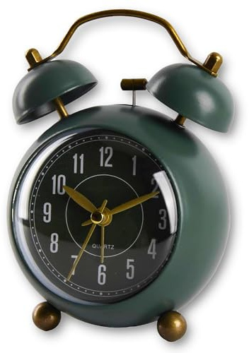 A5 Elegant Compact British Style Silent Twin Bells Alarm Clock, Night Light, Non-Ticking Retro Design, Vintage Metal Bedside Clock for Bedroom, Kitchen, Kids, Study, Office (British Racing Green)