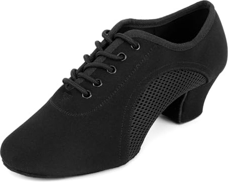 Asyusyu Tanzschuhe Damen Schwarz Meshed Tanzschuhe zum Schnüren mit 4cm Absatz for Latein Jazz Line Dance-39 EU
