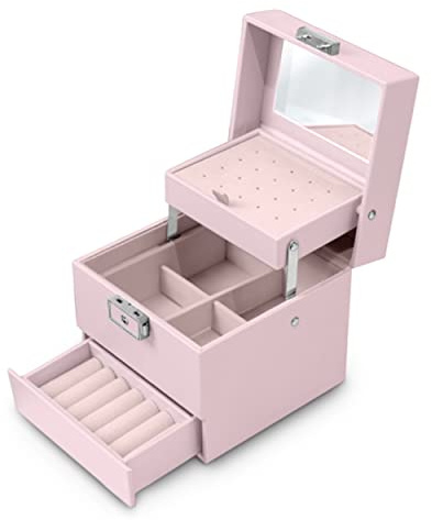 Massido Schmuckkästchen Schmuckschatulle mit Spiegel Schmuckaufbewahrung Organizer Tragbar 13 cm x 13 cm x 12,5 cm Rosa