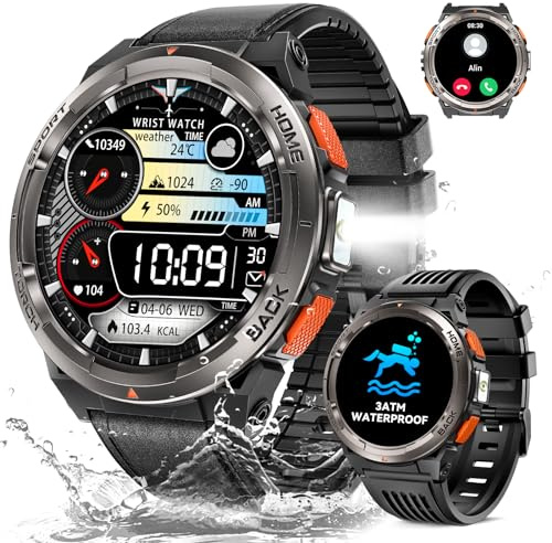 Smartwatch Herren Militär mit LED Taschenlampe Telefonfunktion, 1,45 3ATM Wasserdicht Robuste Outdoor Uhren mit Kompass Höhe Barometer 24/7 Herzfrequenz Schlafmonitor, Fitnessuhr für Android iOS