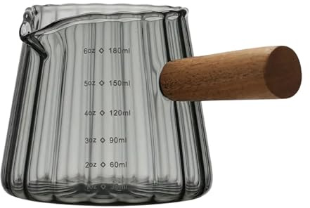 180ml/6oz Measuring Jugs Espresso Shot Glass Small Milk Coffee Cups, Espresso Measuring Shot Glass Cup with Wood Handle, V-Shaped Mouth for Coffee Machine (Smoke Grey)