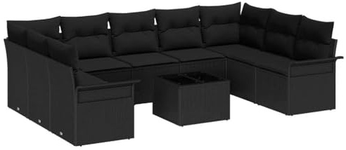 vidaXL 10-delars trädgårdsoffset med kuddar beige konstrotting, vidaXL 2-sits trädgårdsoffa med förvaring och kuddar svart konstrotting