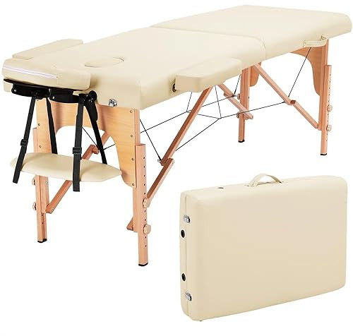 BODIOO Lettino massaggiante mobile con piedini in legno, regolabile in altezza a 2 zone, con poggiatesta e braccioli, 213 x 60 x 88 cm, fino a 250 kg, colore: crema