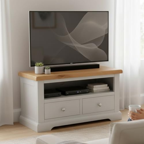 GROFurniture Cashmere Grey TV Unit, Solid Wooden Media Television Cabinet for Living Room, TV Stand with 2 Drawers for small spaces, Ready Assembled W86cm x D39cm x H52cm