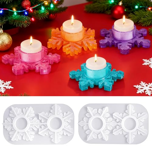 Silikonformen Gießformen Weihnachten, QZOSZ 2 Stk Schneeflocke Gipsformen zum Gießen Weihnachten 3d Kerzenform, Schneeflocken Kerzenhalter Silikonform Weihnachten Epoxidharz Formen Kerzen DIY