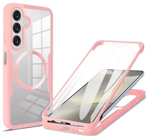 YUECXIN Magnetiskt fodral för Samsung Galaxy A17 5G/4G med trådlös laddning, inbyggt skärmskydd 360 graders allroundskydd, mobilskal, robust stötsäkert skyddsfodral. Rosa