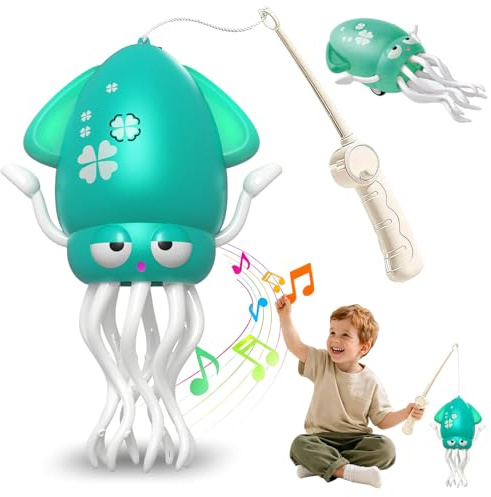 Polpo Ballerino Verde con Canna da Pesca Bambino, Giocattolo Elettrico Polpo Ballerino per Bambini con Musica/Luce/USB, Evitamento Automatico di Ostacoli, Regalo per Neonati, Giocattolo per Gatti