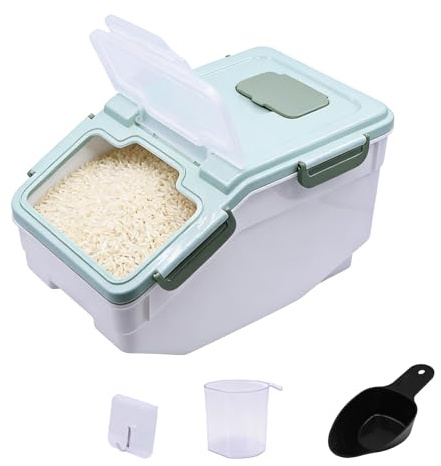 ANMOO Airtight Rice Storage Container 5kg with Locking Lid, Large Dry Food Dispenser with Wheels & Scoop, BPA-Free for Rice, Flour, Pasta & Dry Foods (Green)