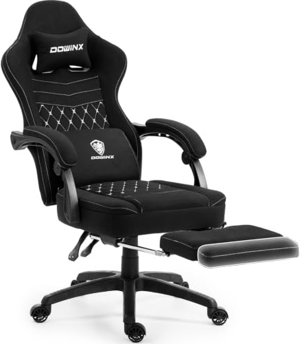 Dowinx Gaming-Stuhl Stoff mit Ausziehbare und Klappbare Fußstütze, Ergonomischer Bürostuhl mit Gelkissen und Taschenfederkissen, Verstellbarer Gaming Sessel Gamer Chair für Erwachsene Schwarz