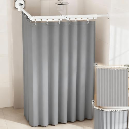 Faltbare Duschvorhangstange, 4-Wege Faltbar Duschvorhang Duschvorhangstange Satz mit Saugnapf 1,8 x 2,0m Wasserdicht Duschvorhang Ohne Bohren 162 cm Pole L/U Form Leiterform Geradeform (Grau, 4-Wege)
