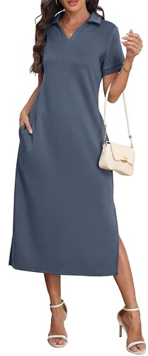Grecerelle Abito da Donna Elegante Estivo come Polokleid Maxikleid, Lungo fino alle Caviglie con Tasche, Ideale per Ufficio e Tempo Libero, Tessuto di Facile Manutenzione, blu jeans, S