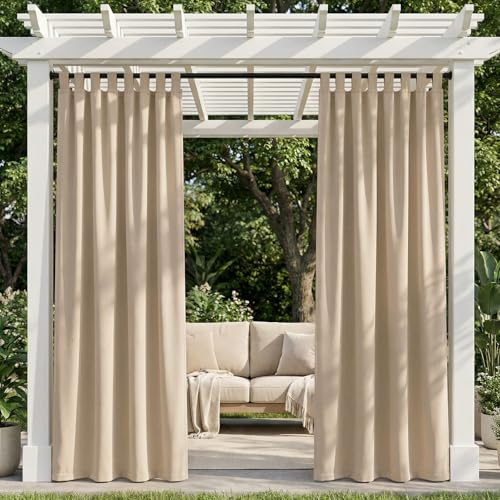 TOPICK Outdoor Vorhang Wetterfest Sonnenschutz Vorhänge mit Schlaufen Vorhänge Blickdicht Wohnzimmer Balkontür Gardine außen Curtains H 245 x B 132 cm 2er Set Wasserabweisend für Balkon Pavillon Beige