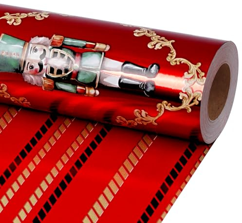 BIOBROWN Vändbar minirulle julpapper, nötknäppare och festliga ränder med metallisk folieglans, för jul, helgdagar och fester, 43 x 10 m (4,3 m²)