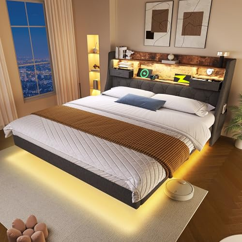 Upholstered Bed 5ft King Size Bed Frame 150x200 cm, Floating Bed with LED Lighting & USB Type-C Charging, Storage Headboard for Cellphone Tablet, Metal Slatted Frame, Linen Grey (No Mattress)