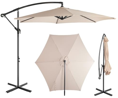 Leadzm - Parasol déporté Ø 300 cm - Parapluie avec manivelle et rotation à 360° avec 6 nervures - Imperméable et protection UV - Parasol de jardin avec support pour jardin, terrasse et extérieur, kaki
