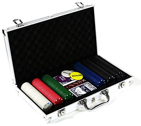 Nexos Trading Pokerkoffer Poker-Set mit 300 Poker-Chips im Alu Koffer mit 2 Schlüssel Silber inkl. 2 Kartendecks 1 Dealer Button 5 Würfel