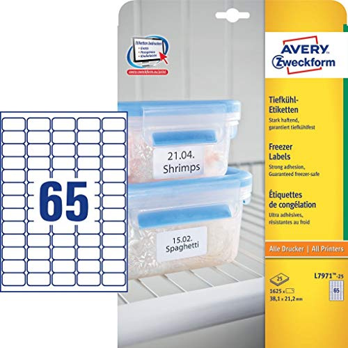 AVERY Zweckform L7971-25 Tiefkühletiketten (1.625 Aufkleber, 38,1x21,2mm auf A4, selbstklebend, temperaturbeständige und tiefkühlfeste Klebeetiketten für Gefriergut, bedruckbar) 25 Blatt, weiß