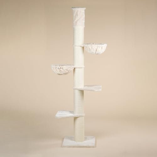 RHRQuality Árbol rascador para Gatos Grandes - Maine Coon Tower Plus - 235 a 255 cm de Altura - con Postes de sisal Extra Gruesos de 20 cm - Color Crema