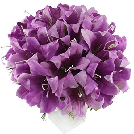 Giant 18 Head Premium Lily Bouquet - Artificial Silk Flowers Fake Stargazer[Purple]