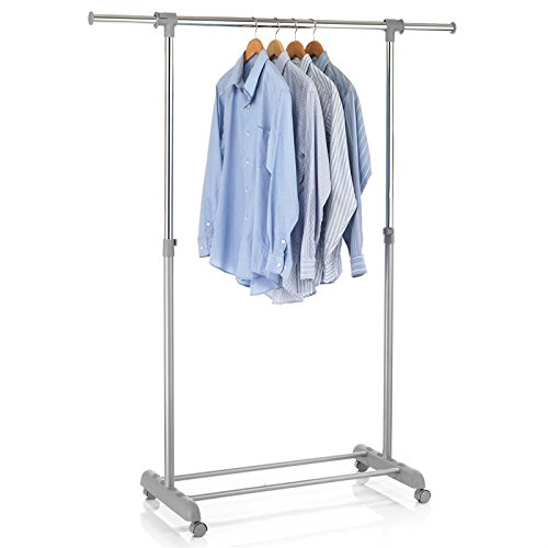 IDIMEX Portant à vêtements Sala en métal chromé et Gris, penderie Simple sur roulettes vestiaire Mobile avec 1 Barre Extensible Hauteur réglable